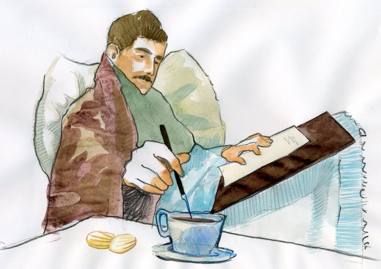 Marcel Proust som en sjuk man skriver med sin moster Elisabeths te (bläck på papper) av Alessandro Lonati