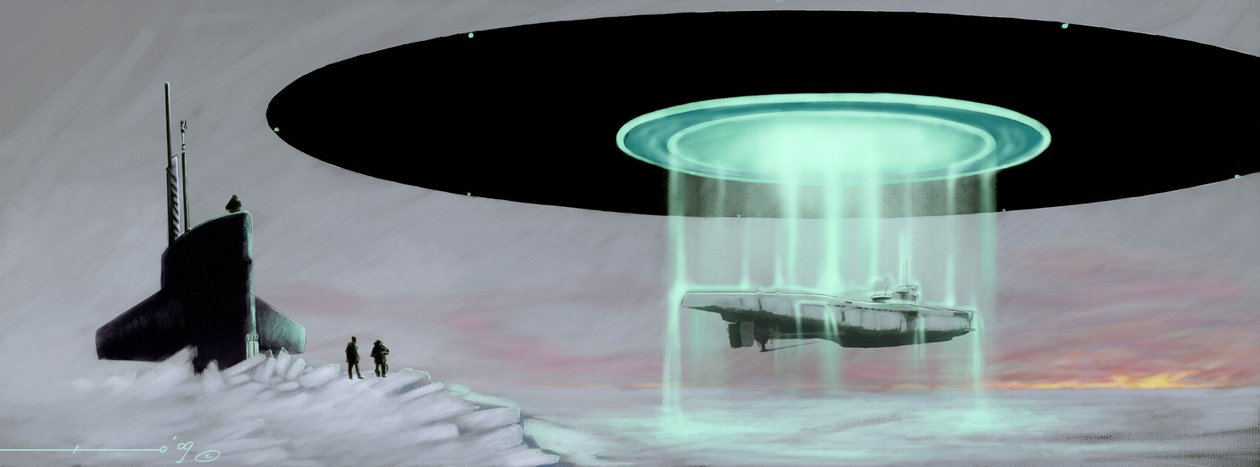 Möte på nordpolen mellan en u-boot-ubåt och ett flygande tefat (ufo, ufo eller utomjording) för att återställa en ubåt som tagits av utomjordingar under kriget. Teckning av Alessandro Lonati av Alessandro Lonati