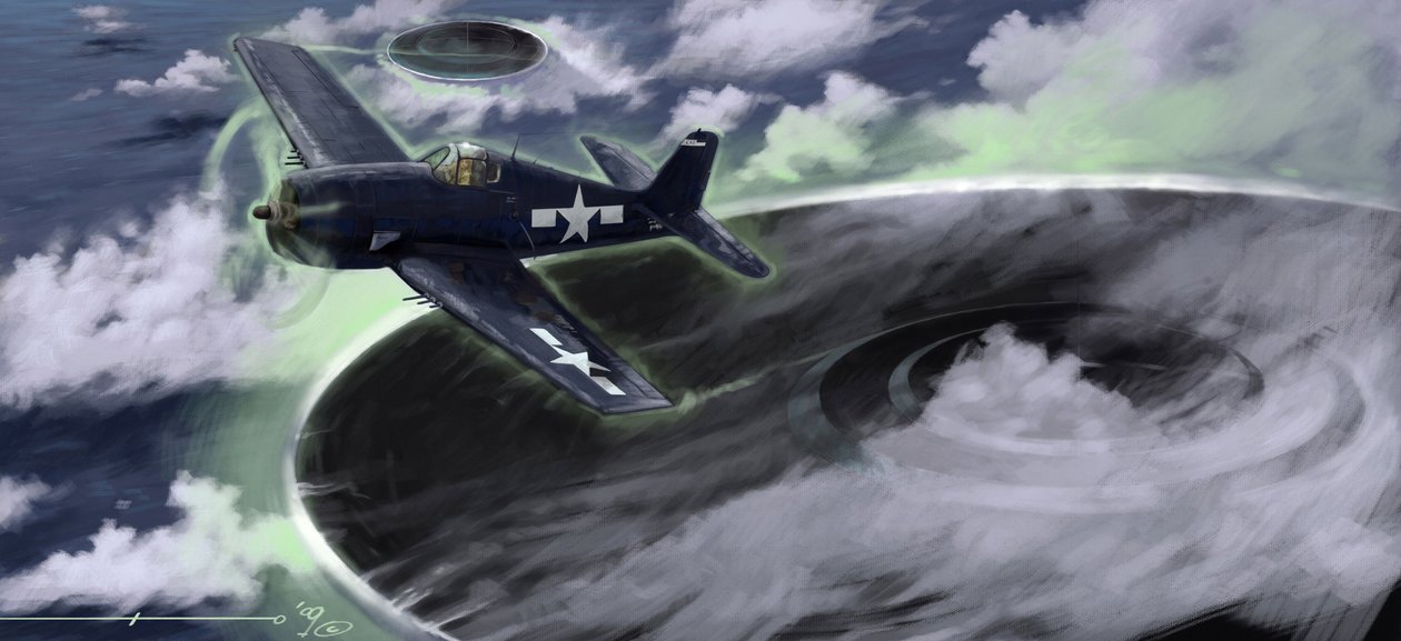 Mystiska fenomen: skildrar försvinnandet av ett flygplan från den amerikanska flottan i Bermudatriangeln på 1940-talet. En legend antyder att det skulle vara ett verk av UFO:n (UFO eller utomjordingar) representerade här. Teckning av Alessandro Lonati av Alessandro Lonati