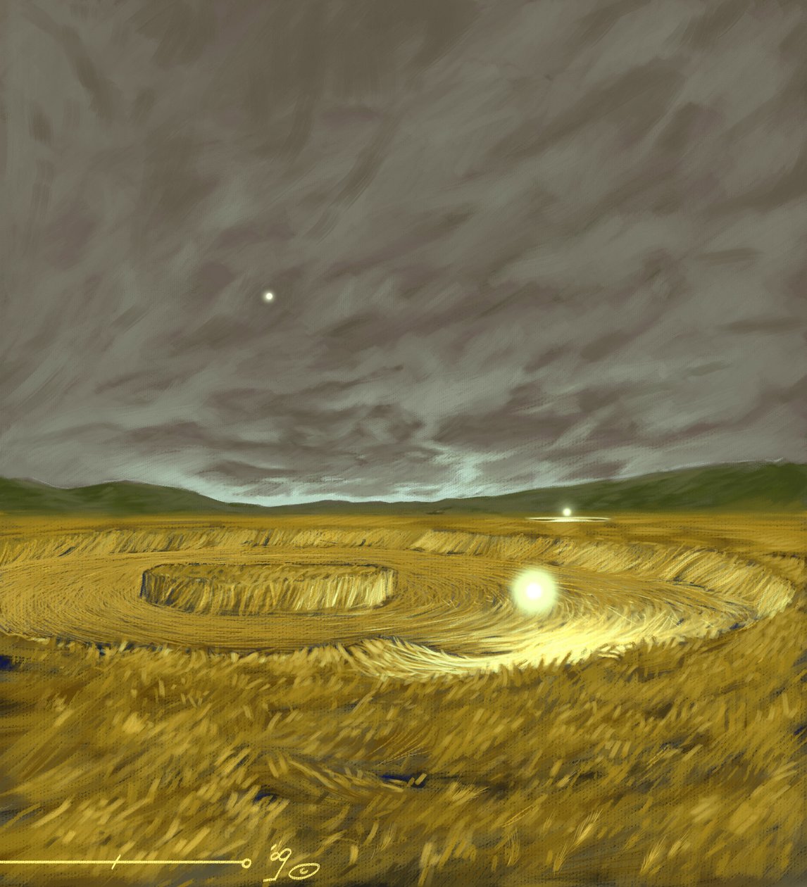 Mystiska fenomen: representation av den legendariska bildandet av Crop Circles (agroglyf, grödcirkel eller vetecirkel) geometriska former gjorda i vetefält som enligt vissa teorier är utomjordingars verk (UFO eller UFO). Teckning av Alessandro L av Alessandro Lonati