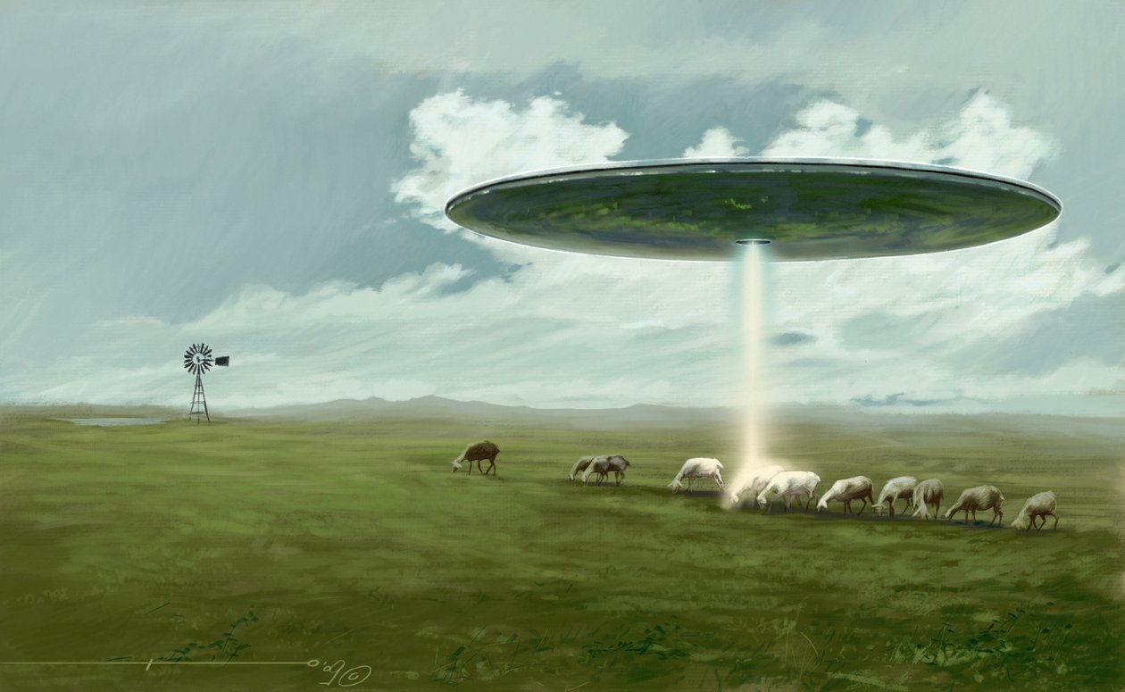 Mystiskt fenomen: ett flygande tefat (utomjording eller UFO eller UFO) som tar bort ett får (bortförande). Teckning av Alessandro Lonati av Alessandro Lonati