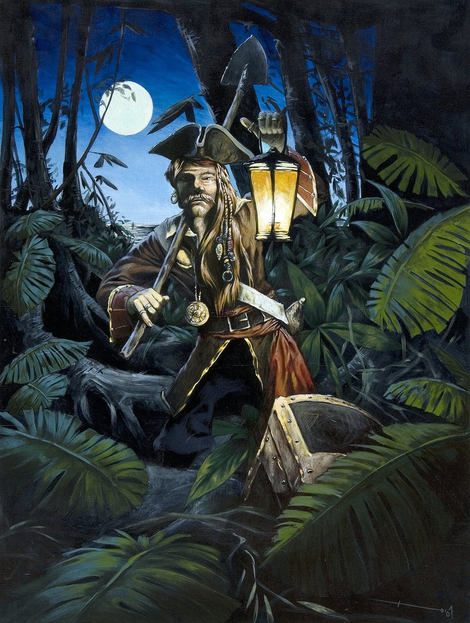 Pirate of the Caribbean med lykta, på natten, gömmer sin skatt i skogen på en ö. Färgteckning av Alessandro Lonati. av Alessandro Lonati