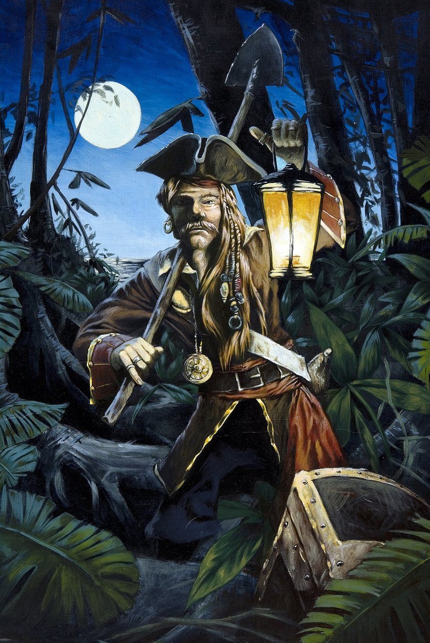 Pirate of the Caribbean med lykta, på natten, gömmer sin skatt i skogen på en ö. Färgteckning av Alessandro Lonati. av Alessandro Lonati