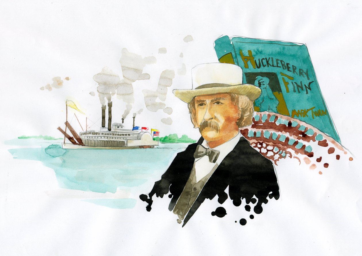 Porträtt av den amerikanske författaren Mark Twain (1835-1910) (Porträtt av den amerikanske författaren Mark Twain) Illustration av Alessandro Lonati av Alessandro Lonati