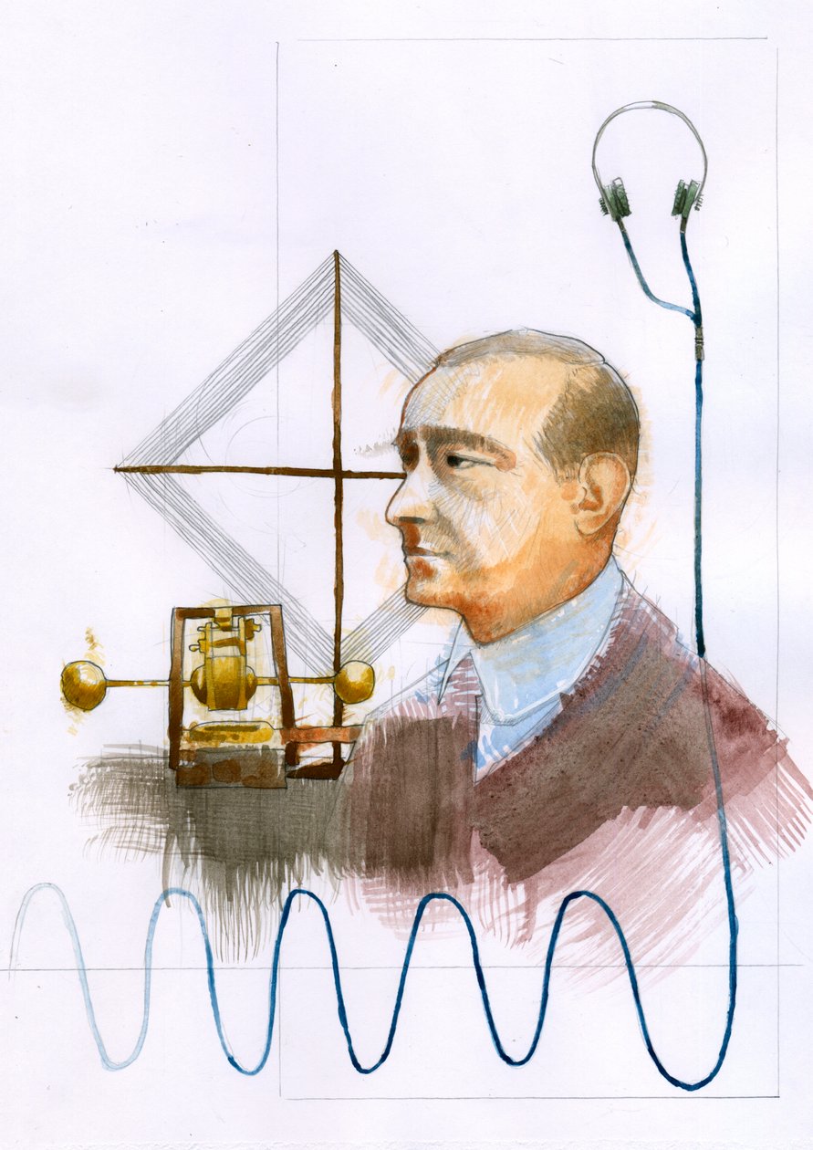 Porträtt av Guglielmo Marconi (1874-1937), italiensk fysiker, uppfinnare av telegrafen” (Porträtt av Guglielmo Marconi, italiensk uppfinnare och elektroingenjör, känd för sitt banbrytande arbete med långdistansradiosändning och för sin utveckling av av Alessandro Lonati