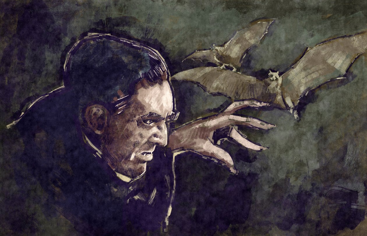 Porträtt av den ungerska skådespelaren Bela Lugosi som greve Dracula (illustration) av Alessandro Lonati