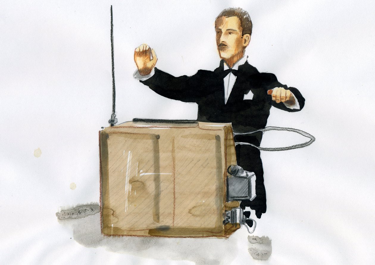 Porträtt av Lev Sergeyevich Termen (Leon Theremine) (1896-1993) uppfinnare av theremine, första elektroniska musikinstrument (Porträtt av Leon Theremin) av Alessandro Lonati