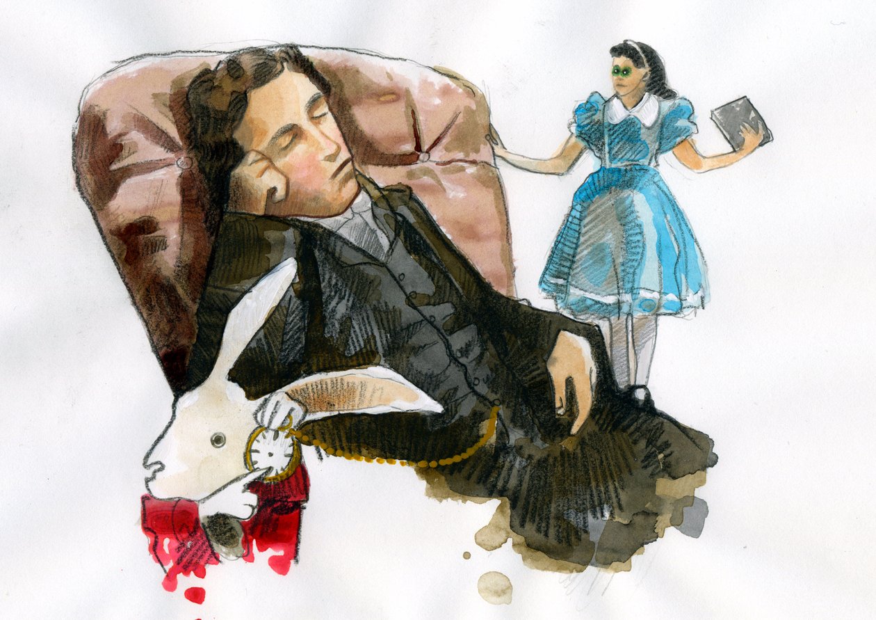 Porträtt av Lewis Carroll romanförfattare, essäist, fotograf omger hans karaktärer (Porträtt av Lewis Carroll (1832-1898)) av Alessandro Lonati