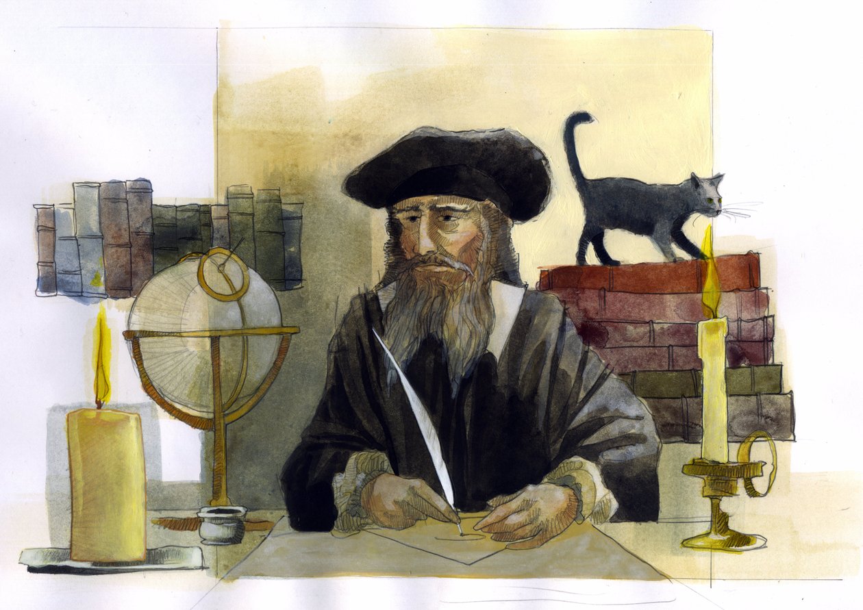 Porträtt av Michel de Notre Dame (Nostradamus) Engelsk astrolog - Porträtt av Nostradamus, Michel de Notre Dame (1503-1566) astrolog och doktor francais Illustration av Alessandro Lonati av Alessandro Lonati