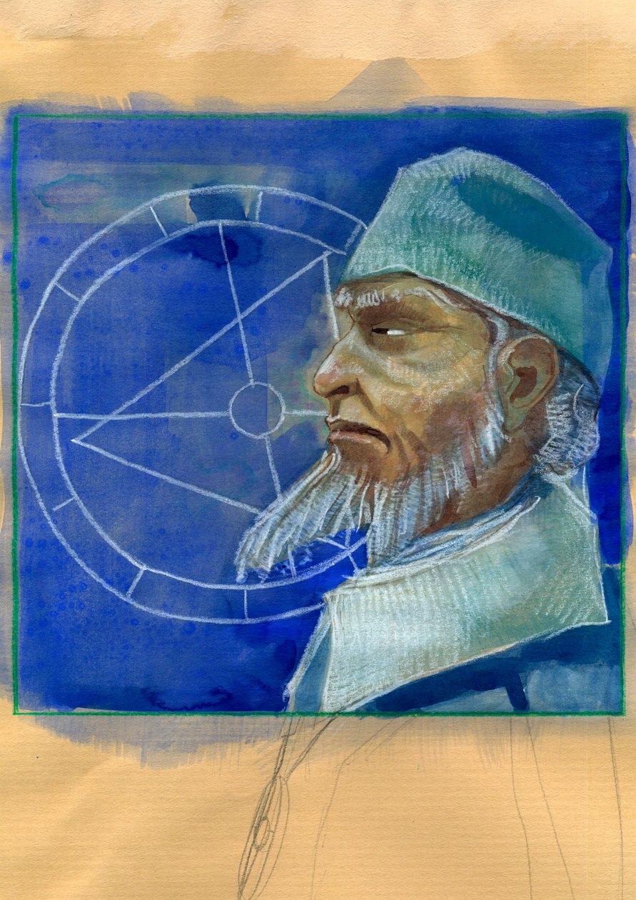 Porträtt av Michel de Notre Dame (Nostradamus) Engelsk astrolog - Porträtt av Nostradamus, Michel de Notre Dame (1503-1566) astrolog och doktor francais Illustration av Alessandro Lonati av Alessandro Lonati