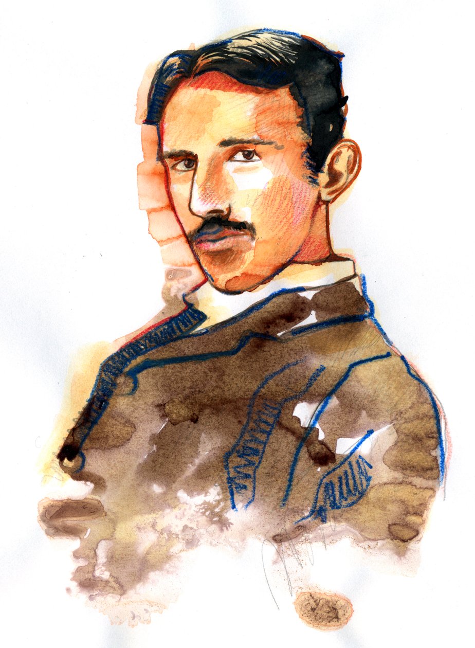 Porträtt av Nikola Tesla amerikansk uppfinnare och ingenjör av serbiskt ursprung (Porträtt av serbisk amerikansk Nikola Tesla uppfinnare, elingenjör, maskiningenjör, fysiker) av Alessandro Lonati