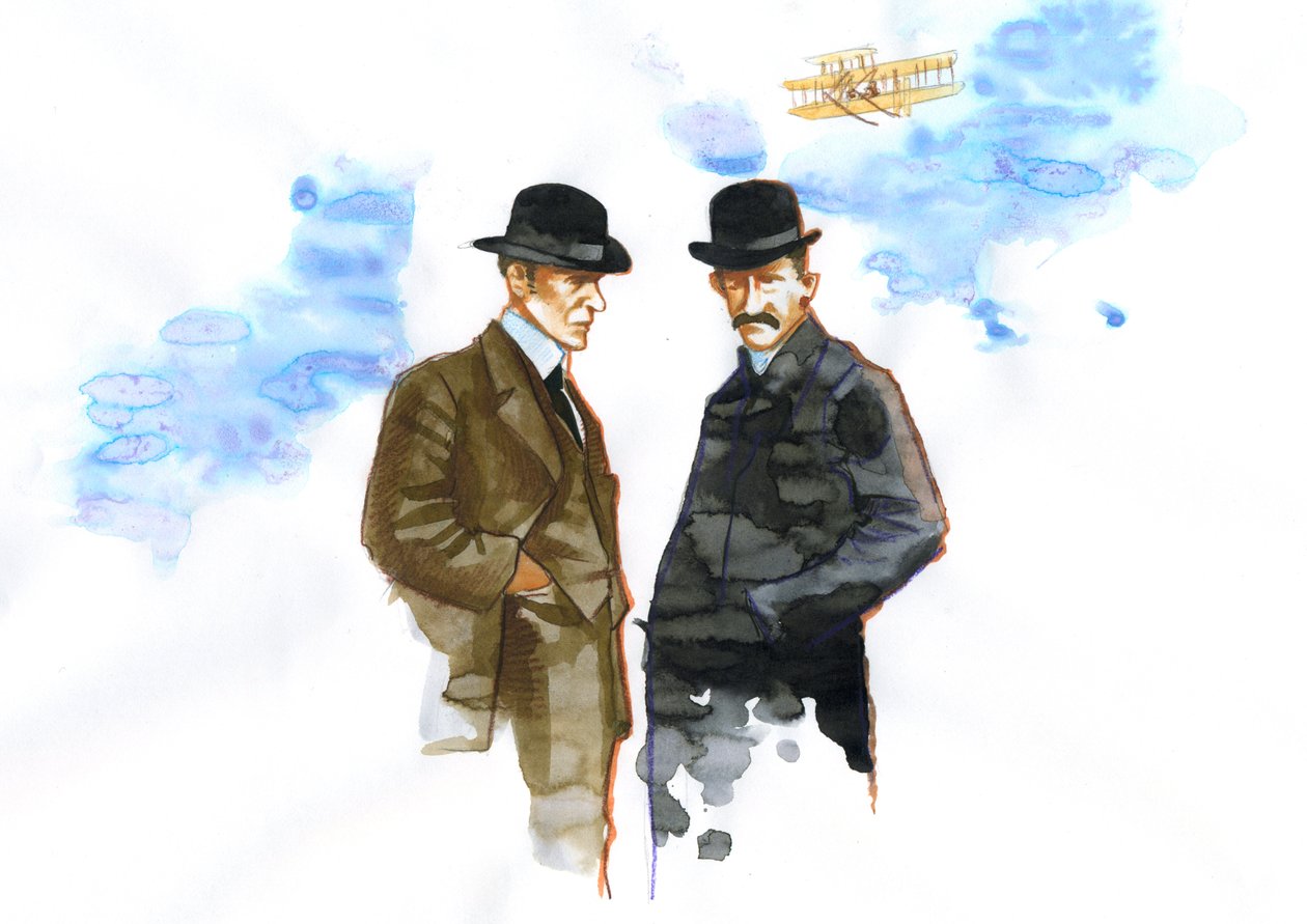 Porträtt av Orville (1871-1948) och Wilbur Wright (1867-1912) amerikanska flygpionjärer (bröderna Wright, Orville och wilbur amerikanska bröder, uppfinnare och flygpionjärer) av Alessandro Lonati
