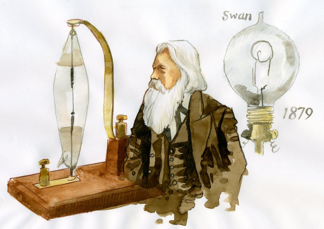 Porträtt av Sir Joseph Wilson Swan (1828-1914) brittisk elektriker och kemist (Porträtt av den brittiske fysikern och kemisten Joseph Swan) av Alessandro Lonati