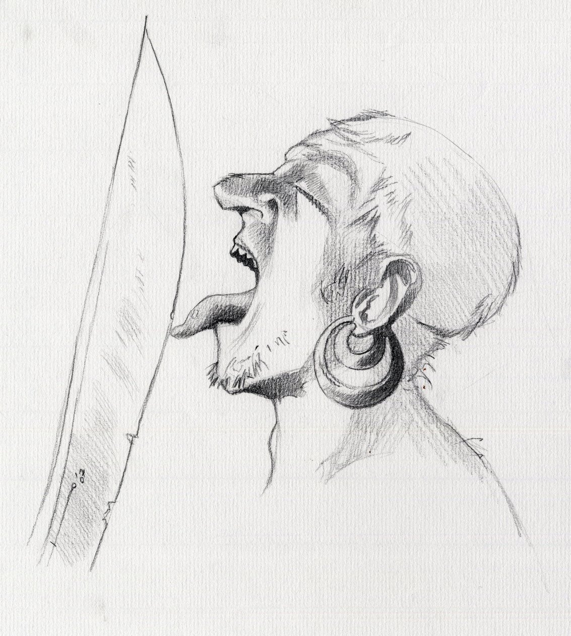 Porträtt av en pirat (privatman) som trotsar svärdet genom att röra vid det med tungan. Teckning av Alessandro Lonati. av Alessandro Lonati