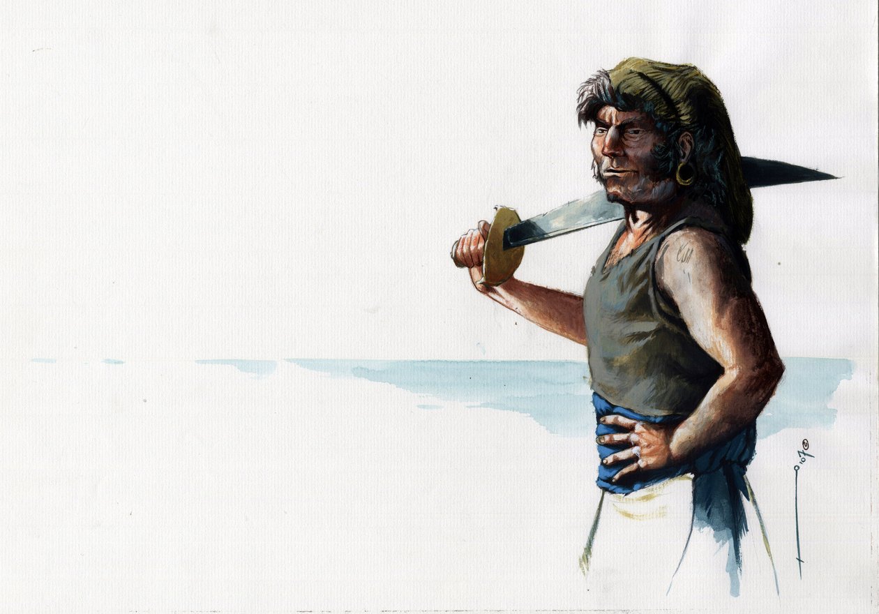 Porträtt av en pirat (privatman) eller sjöman med ett svärd som tittar på havet. Färgteckning av Alessandro Lonati. av Alessandro Lonati