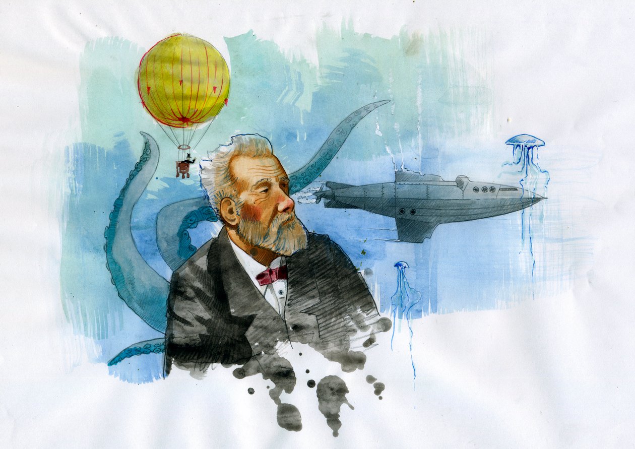 Porträtt av den franske författaren Jules Verne (1828-1905) (Porträtt av den franske författaren Jules Verne) Illustration av Alessandro Lonati av Alessandro Lonati