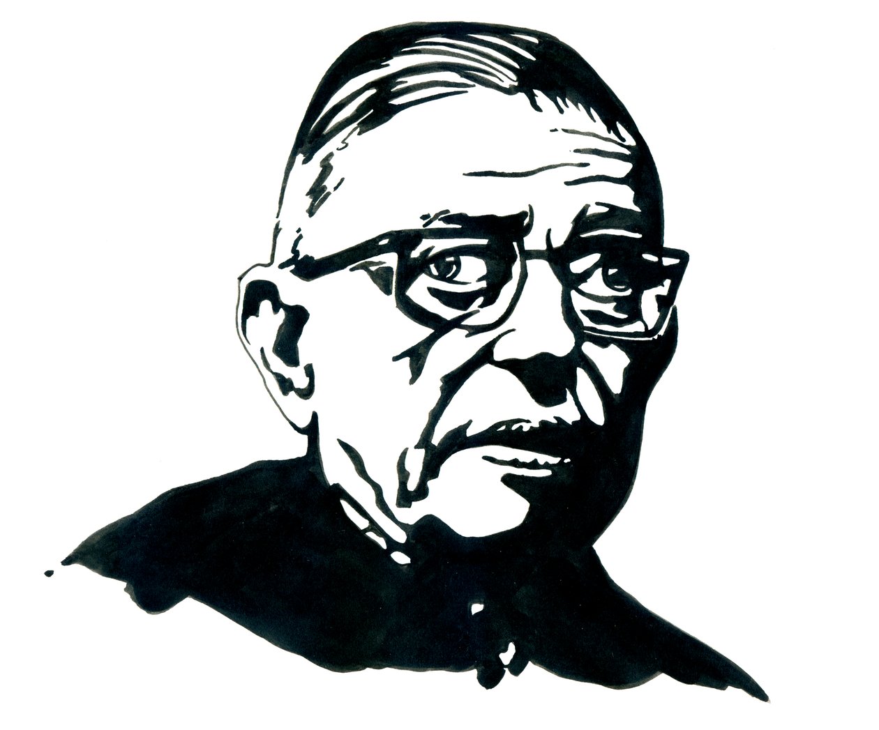Porträtt av den franske författaren, filosofen och dramatikern Jean-Paul (Jean Paul) Sartre Teckning av Alessandro Lonati