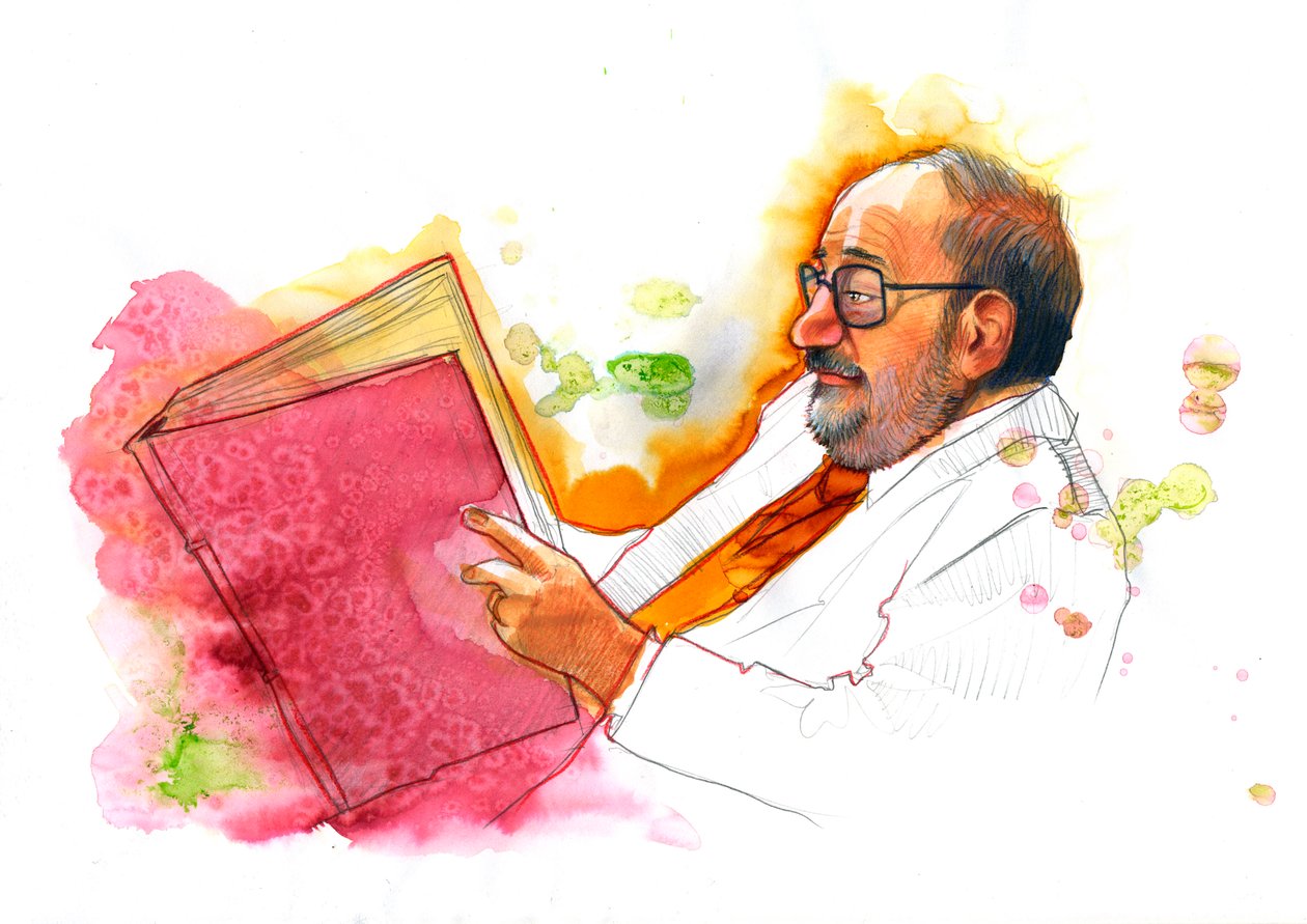 Porträtt av den italienske intellektuellen Umberto Eco (1932-2016) av Alessandro Lonati