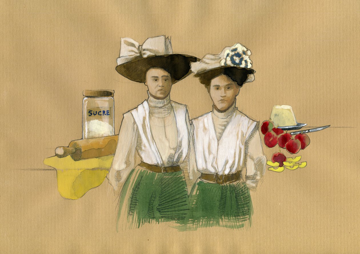 Porträtt av systrarna Stephanie (1838-1917) och Caroline Tatin (1847-1911) som uppfann desserten francais tatin a de Lamotte-Beuvron en Sologne (Porträtt av systrarna Stephanie och Caroline Tatin som uppfann det uppochnervända bakverket där frukten (usu av Alessandro Lonati