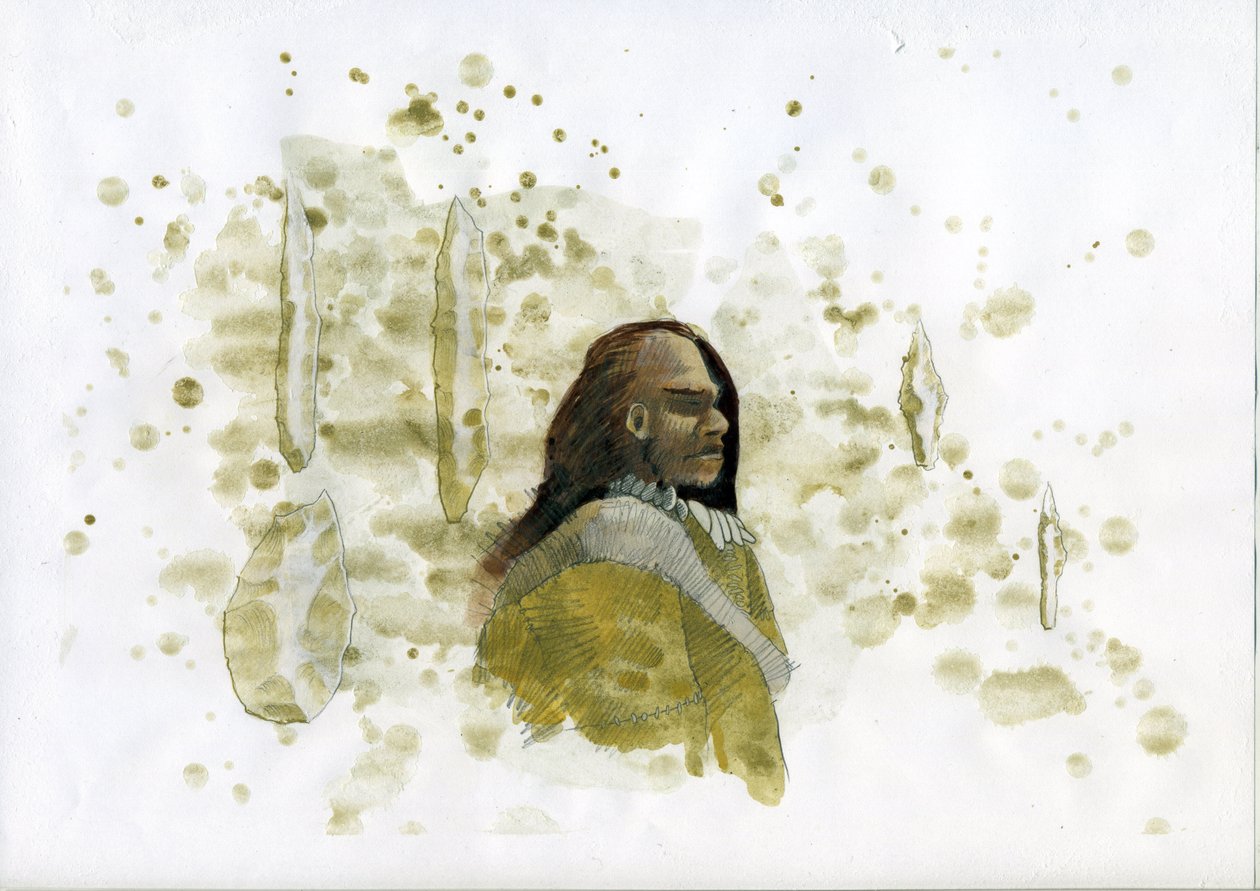 Förhistoria: Neandertalman med flintverktyg Illustration av Alessandro Lonati av Alessandro Lonati
