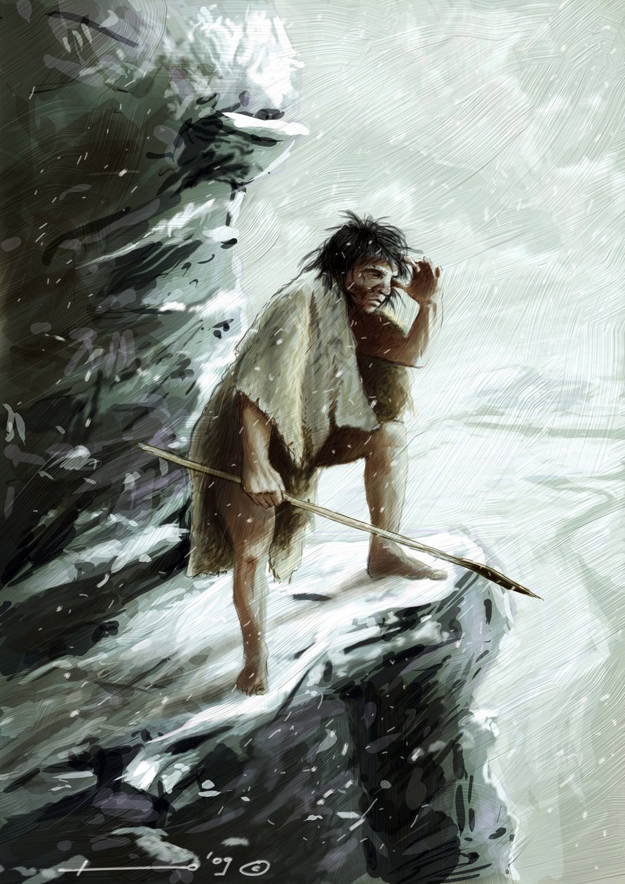Förhistoria: en man från Neanderthal (Neanderthal eller Neanderthal: Homo sapiens), under snön, abborre på en sten ser mot horisonten. Teckning av Alessandro Lonati av Alessandro Lonati