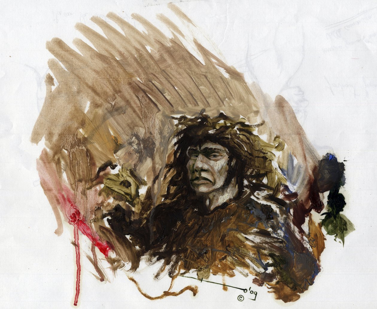 Förhistoria: representation av en neandertalare eller neandertalare under mellersta paleolitikum. Teckning av Alessandro Lonati av Alessandro Lonati