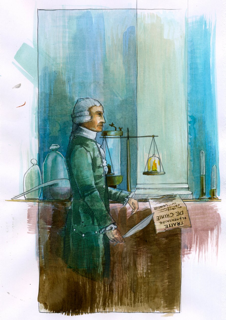 Representation av Antoine Lavoisier (1743-1794) fransk kemist, filosof och ekonom (porträtt av den franske adelsmannen och kemisten Antoine Lavoisier) Illustration av Alessandro Lonati av Alessandro Lonati