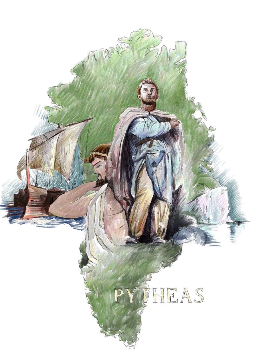 Representation av Pytheas grekisk upptäcktsresande från Massalia, 400-talet f.Kr. (Porträtt av Pytheas av Massalias grekiska geograf och upptäcktsresande, 400-talet f.Kr.) Illustration av Alessandro Lonati av Alessandro Lonati