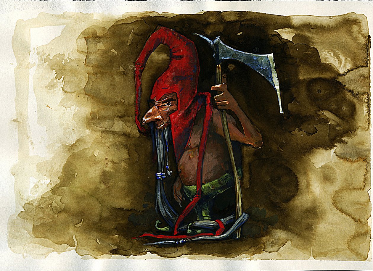 Representation av en röd mössa (röd mössa, powrie eller dunter, Red-Bonnet) legendarisk illvillig varelse från trollfamiljen från brittisk folklore - (röd mössa, illvillig mordisk dvärg, troll, elf eller älva som finns i Border Folklore) Illustration av Al av Alessandro Lonati