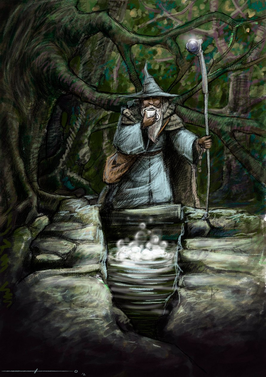 Representation av en druid som dricker vid den underbara fontänen Barenton, i skogen Broceliande - Illustration av Alessandro Lonati - 2012 - av Alessandro Lonati