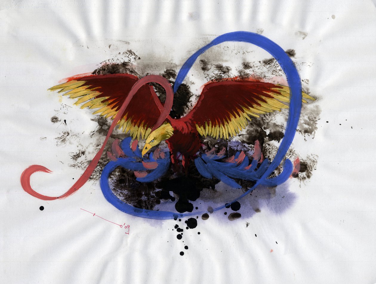 Representation av det fantastiska phenix (eller phoenix) djuret som förekommer i kinesiska (fenghuang), persiska (simurgh), grekiska och romerska mytologier. Färgteckning av Alessandro Lonati. av Alessandro Lonati