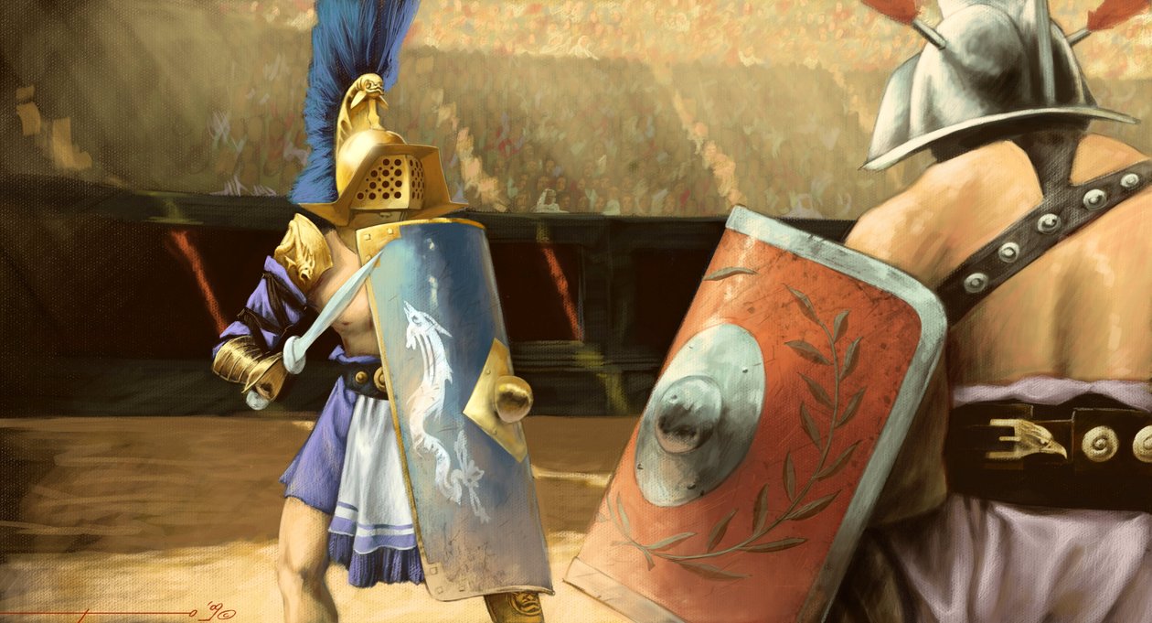 Romersk konst: duell av gladiatorer mellan en mirmillo gladiator (till vänster) och en thrace i en amfiteater. Teckning av Alessandro Lonati av Alessandro Lonati