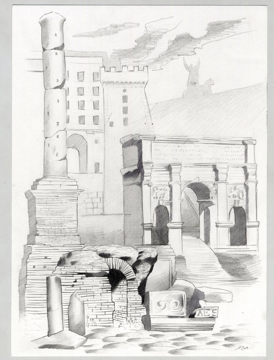 Ruiner av den romerska eran i Rom, Forum (Romerskt forum) Teckning av Alessandro Lonati. av Alessandro Lonati