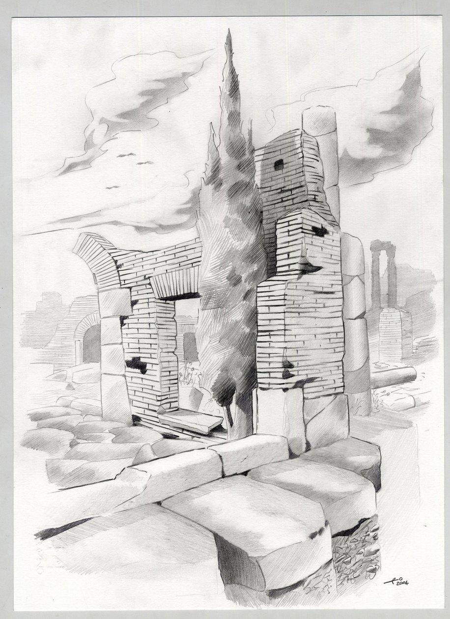 Ruiner av den romerska eran i Rom, Forum (Romerskt forum) Teckning av Alessandro Lonati. av Alessandro Lonati
