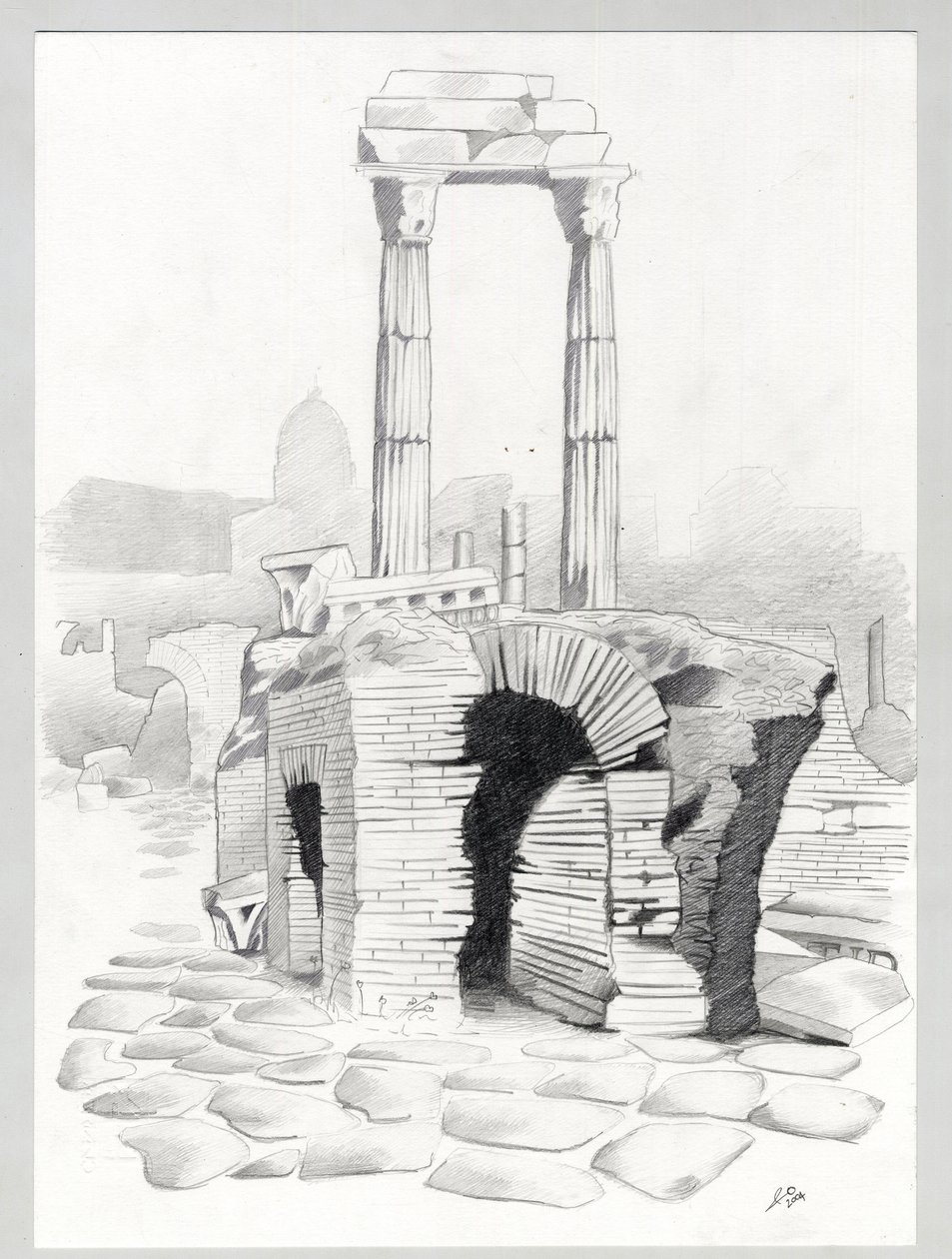 Ruiner av den romerska eran i Rom, Forum (Romerskt forum) Teckning av Alessandro Lonati. av Alessandro Lonati