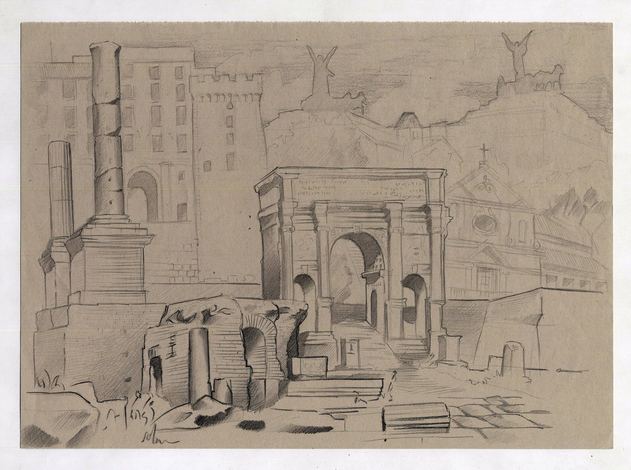 Ruiner av den romerska eran i Rom, Forum (Romerskt forum) Teckning av Alessandro Lonati. av Alessandro Lonati