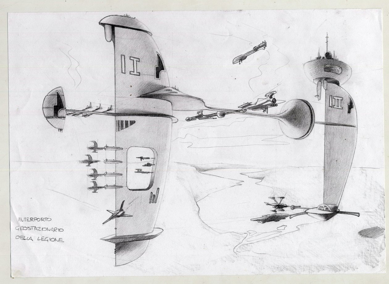 Science fiction-illustration: rymdbas i universum med skepp. Teckning av Alessandro Lonati av Alessandro Lonati