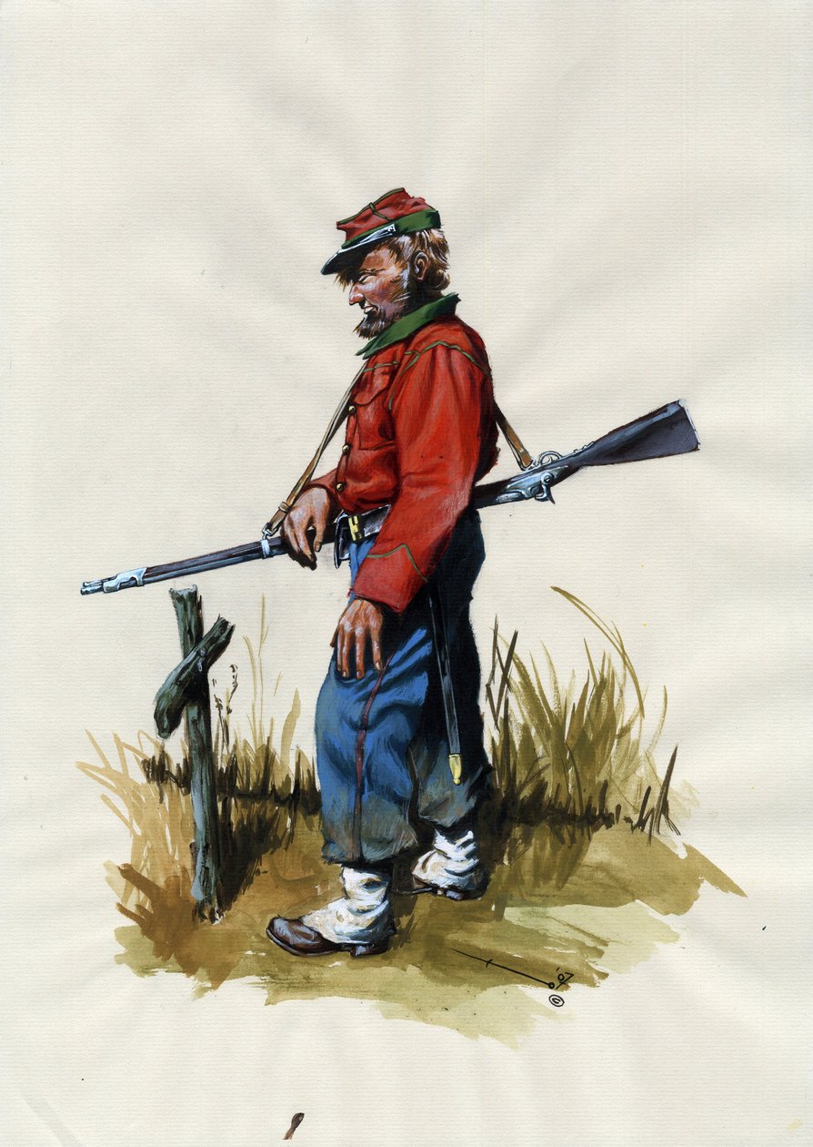 Andra imperiet (1852-1870): Italiens enande (Risorgimento), frivillig från den garibaldianska armén känd som kämpe för "röd skjorta" för Giuseppe Garibaldis sak (1807-1882) i Italien av Alessandro Lonati