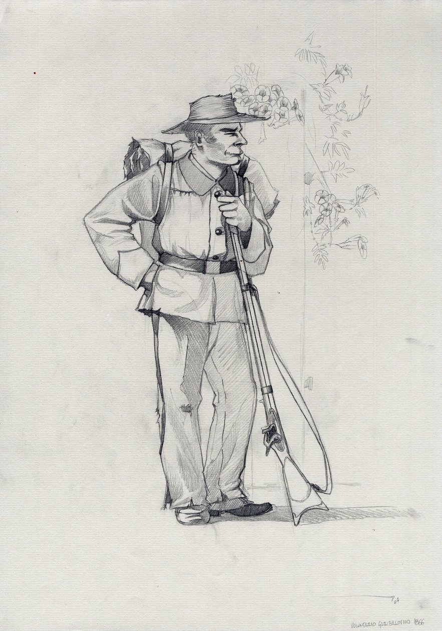 Andra imperiet (1852-1870): Italiens enande (Risorgimento), frivillig från den garibaldianska armén känd som kämpe för "röd skjorta" för Giuseppe Garibaldis sak (1807-1882) i Italien av Alessandro Lonati