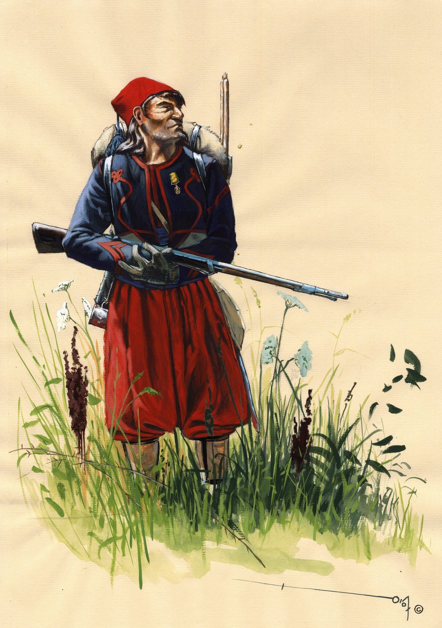 Andra imperiet (1852-1870): Zouavsoldat från Napoleon III:s franska armé under det italienska fälttåget 1859 (slaget vid Solferino den 24 juni 1859 eller slaget vid Magenta den 4 juni 1859). Teckning av Alessandro Lonati av Alessandro Lonati