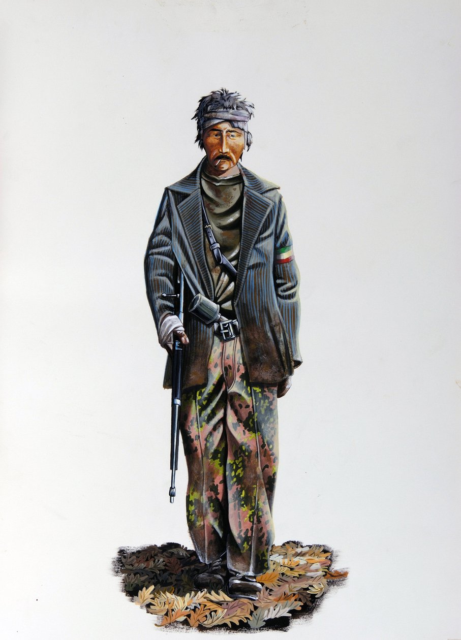 Andra världskriget: en medlem av det italienska motståndet (makis eller gerilla, partisan) (Resistenza Italiana), iklädd kamouflagekostym och vapen med maskingevär. 1943-1945. Illustration av Alessandro Lonati av Alessandro Lonati