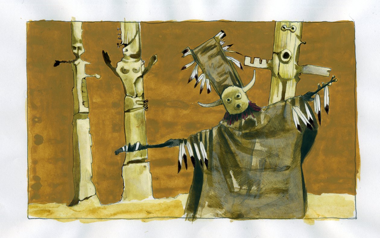 Shamanism: andlig ceremoni centrerad på medlingen mellan människor och naturandar - shaman och hans totem Illustration av Alessandro Lonati av Alessandro Lonati