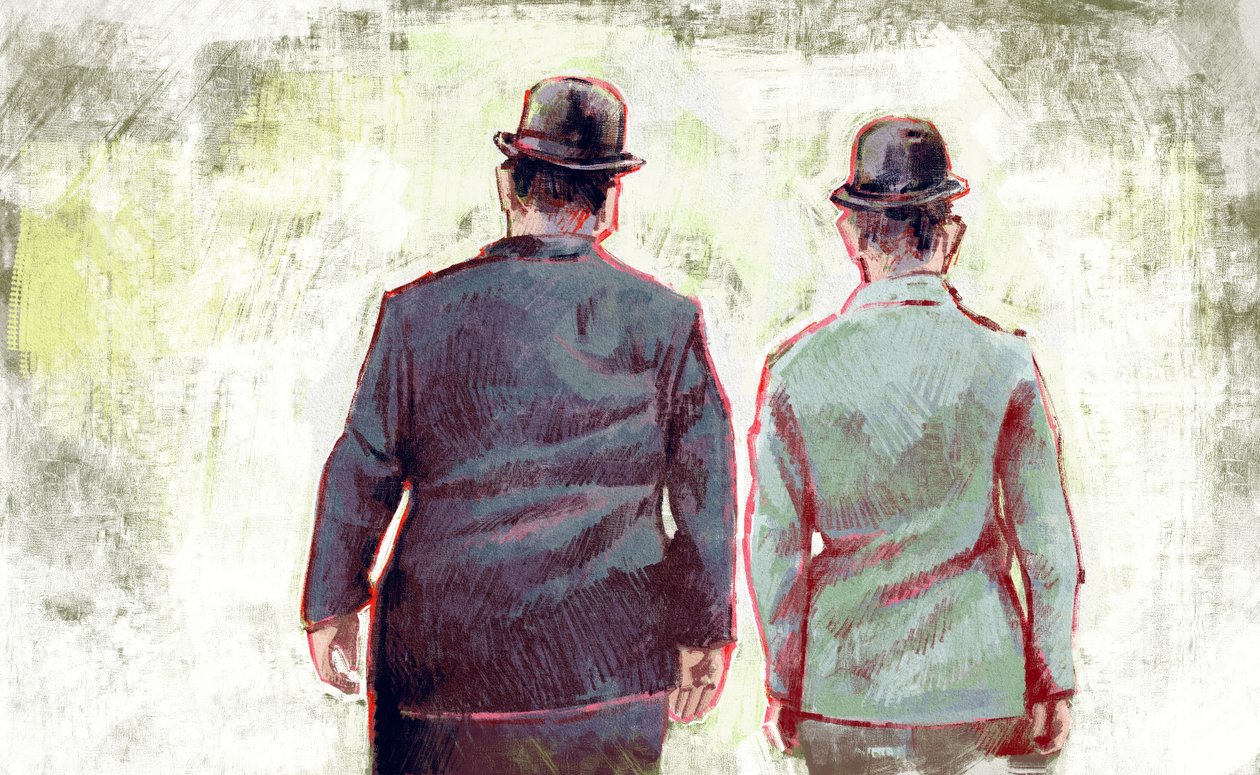 Stan Laurel och Oliver Hardy marscherar mot horisonten (illustration) av Alessandro Lonati