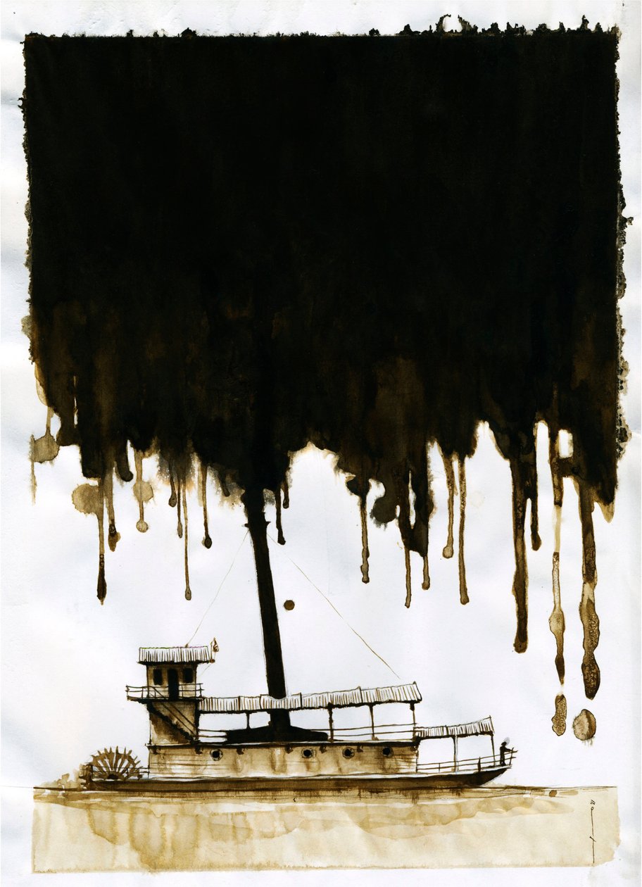 Steamship Illustration av den nya "" In the Heart of Darkness"" av Joseph Conrad. 2012 av Alessandro Lonati