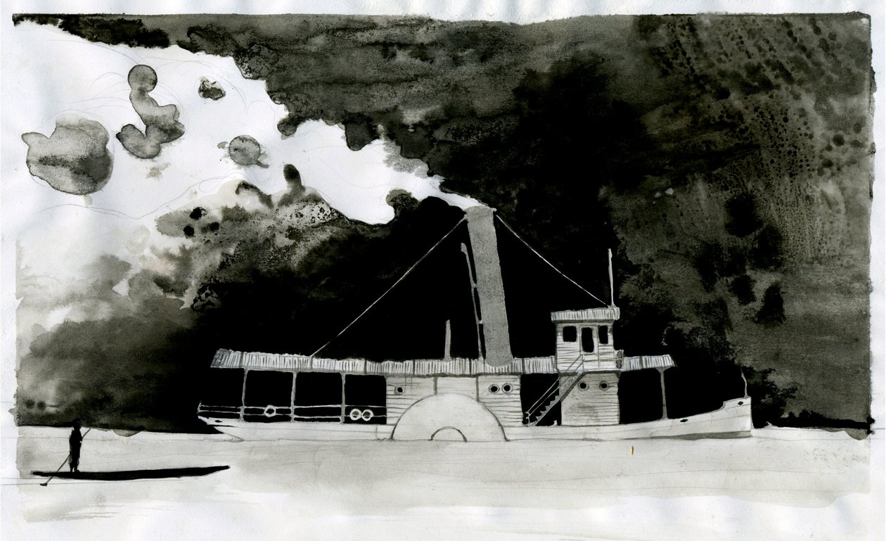 Steamship Illustration av den nya "" In the Heart of Darkness"" av Joseph Conrad. 2012 av Alessandro Lonati