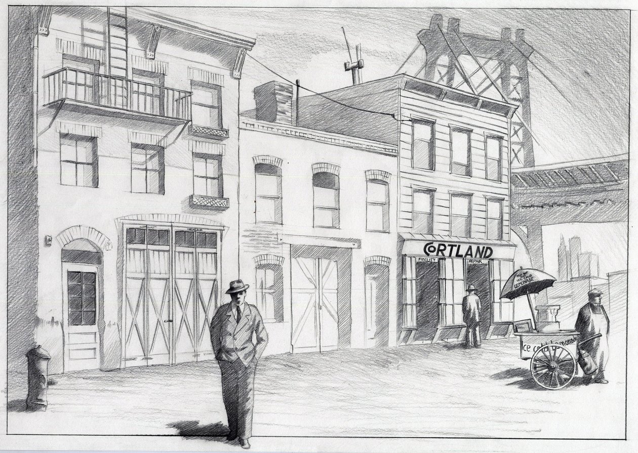 USA, New York: utsikt över en gata från en stadsdel på 1950-talet. Teckning av Alessandro Lonati av Alessandro Lonati