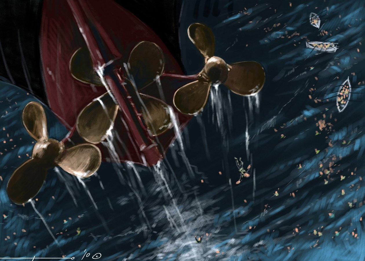 Vy över spiralerna på det transatlantiska linjefartyget Titanic vid tidpunkten för förliset den 14 och 15 april 1912. Illustration av Alesandro Lonati. 2010 av Alessandro Lonati