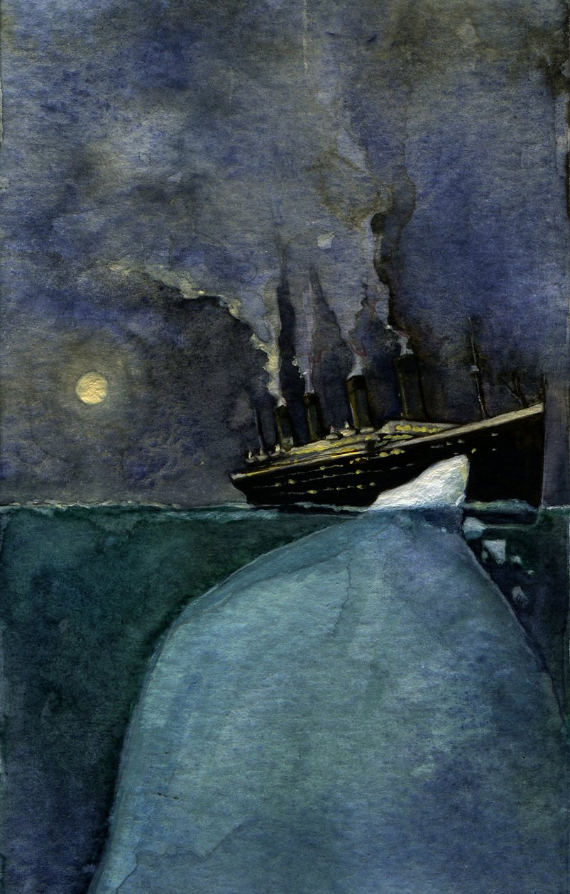 Vy över det transatlantiska linjefartyget Titanic vid tidpunkten för förliset den 14 och 15 april 1912, orsakad av kollisionen med ett isberg. Illustration av Alessandro Lonati. 2011 av Alessandro Lonati