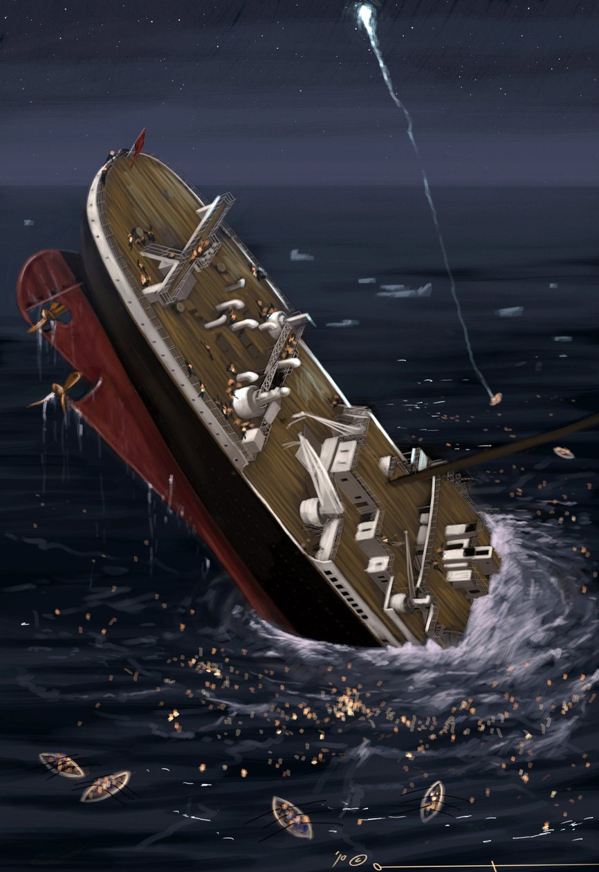 Vy över det transatlantiska linjefartyget Titanic vid tidpunkten för förliset den 14 och 15 april 1912. Illustration av Alesandro Lonati. 2010 av Alessandro Lonati