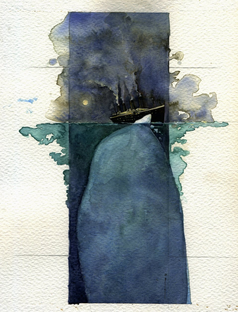 Vy över det transatlantiska linjefartyget Titanic vid tidpunkten för förliset den 14 och 15 april 1912, orsakad av kollisionen med ett isberg. Illustration av Alessandro Lonati. 2011 av Alessandro Lonati